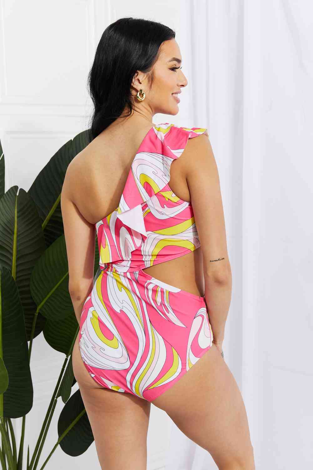 Marina West Swim Vitamin C Asymmetric Cutout Ruffle Swimsuit in Pink for a perfect OOTD – dress to impress outfits from Amexza