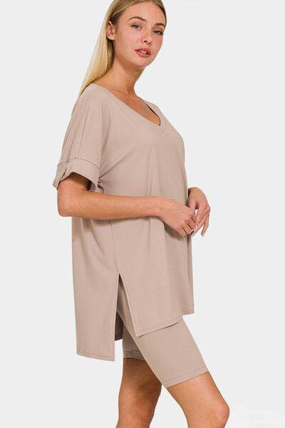 Zenana Full Size V-Neck Short Sleeve Slit T-Shirt and Shorts Set Ash Mocha for a perfect OOTD – dress to impress outfits from Amexza