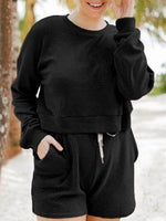 Ribbed Round Neck Long Sleeve Top and Shorts Set for a perfect OOTD – dress to impress outfits from Amexza