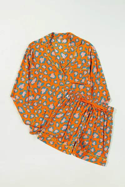 Leopard Collared Neck Long Sleeve Top and Shorts Lounge Set for a perfect OOTD – dress to impress outfits from Amexza
