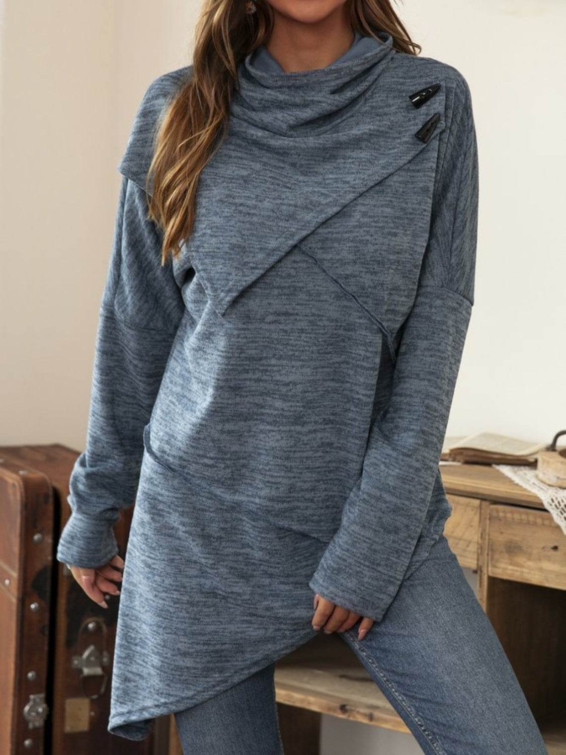 Asymmetrical Hem Cowl Neck Long Sleeve T-Shirt Dusty Blue for a perfect OOTD – dress to impress outfits from Amexza