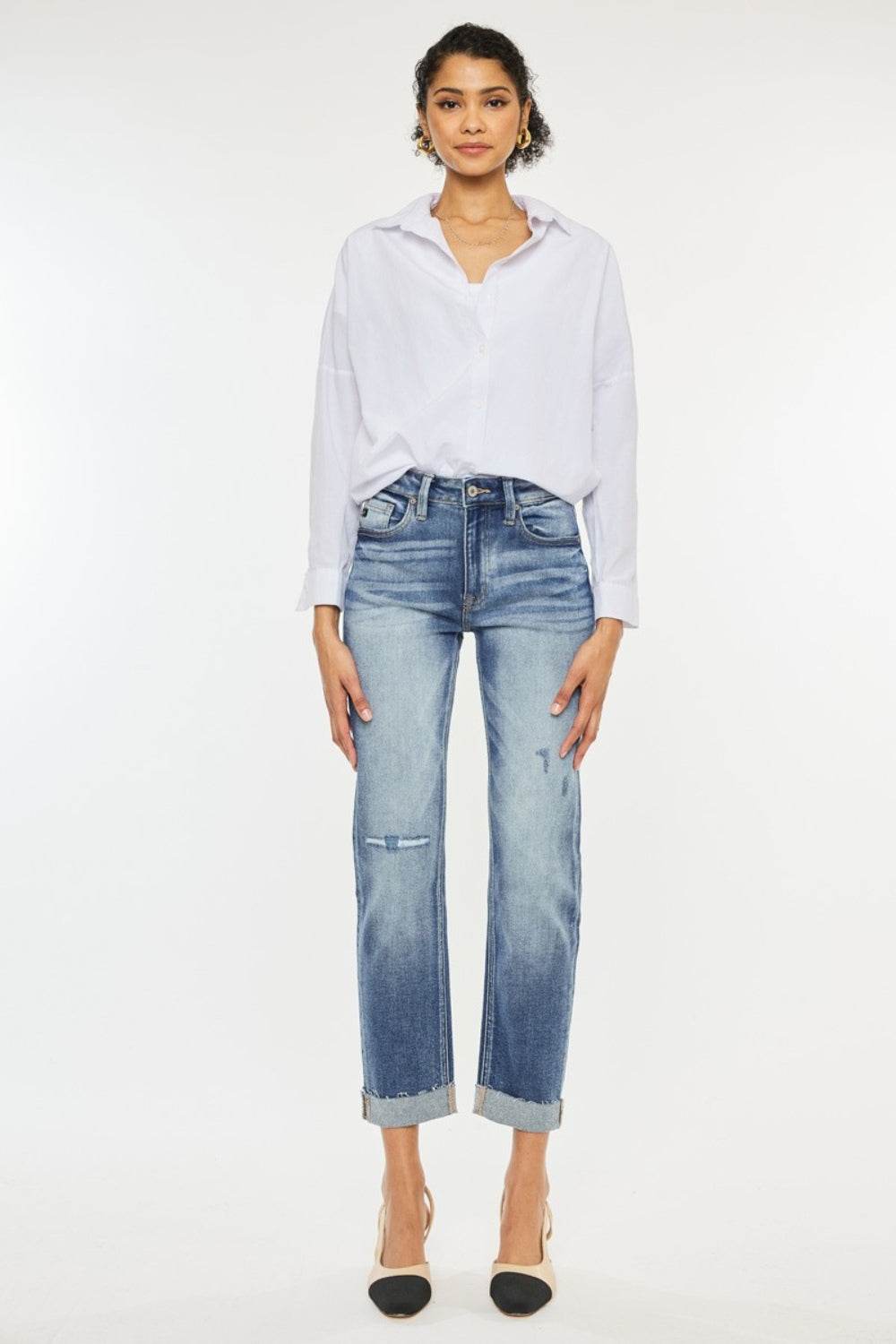 High Rise Cuffed Straight Jeans - Amexza