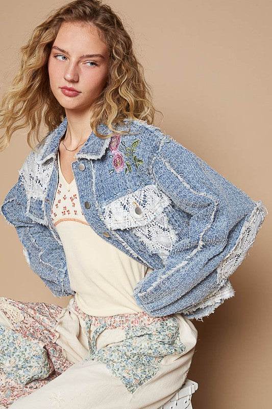 POL Crochet Patch Embroidered Button Up Jacket for a perfect OOTD – dress to impress outfits from Amexza