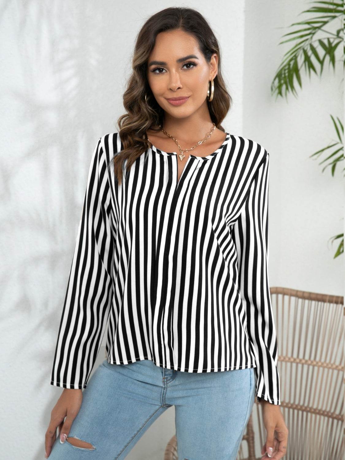 Striped Long Sleeve Notched Blouse for a perfect OOTD – dress to impress outfits from Amexza