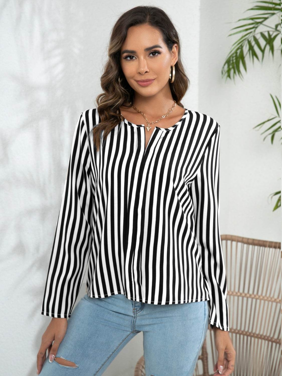 Striped Long Sleeve Notched Blouse - Amexza