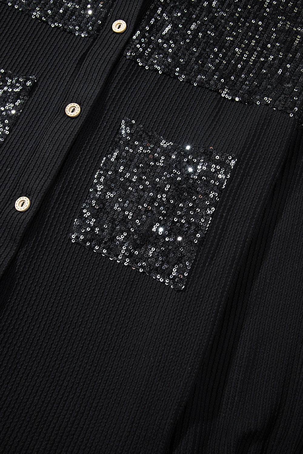 Sequin Button Up Dropped Shoulder Jacket - Amexza