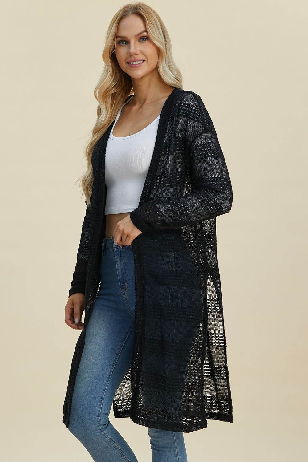 Double Take Full Size Open Front Longline Cardigan for a perfect OOTD – dress to impress outfits from Amexza