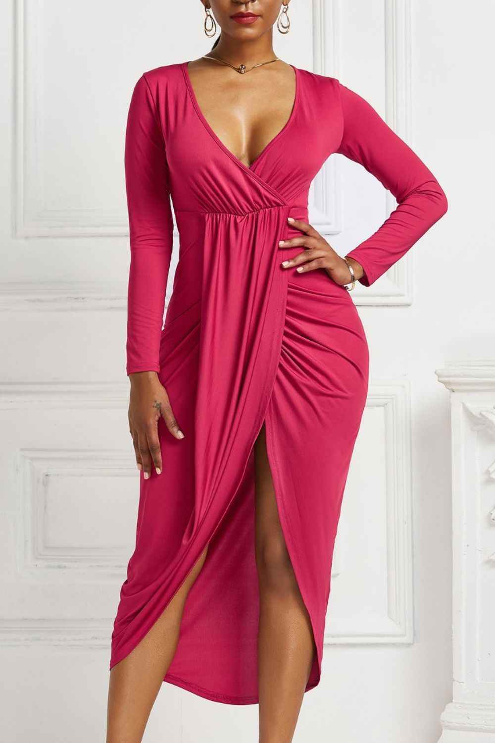 High-low Ruched Surplice Long Sleeve Dress Strawberry for a perfect OOTD – dress to impress outfits from Amexza