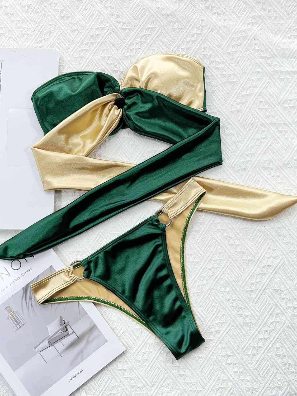 Two-Tone Ring Detail Tied Bikini Set Forest for a perfect OOTD – dress to impress outfits from Amexza