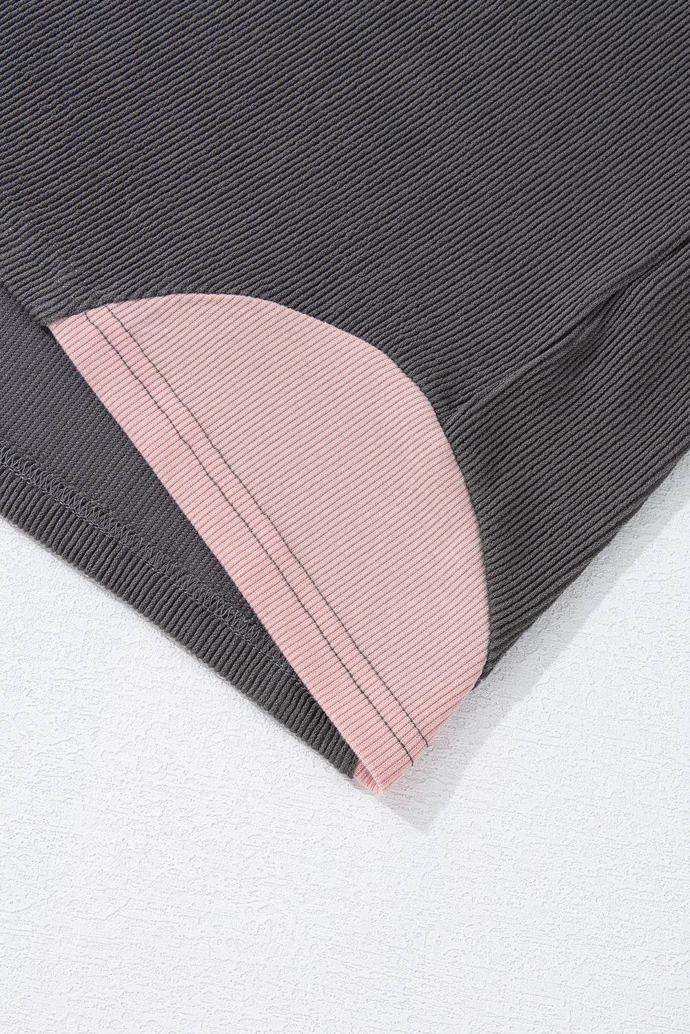 Textured Contrast Stitching Raglan Sleeve Top - Amexza