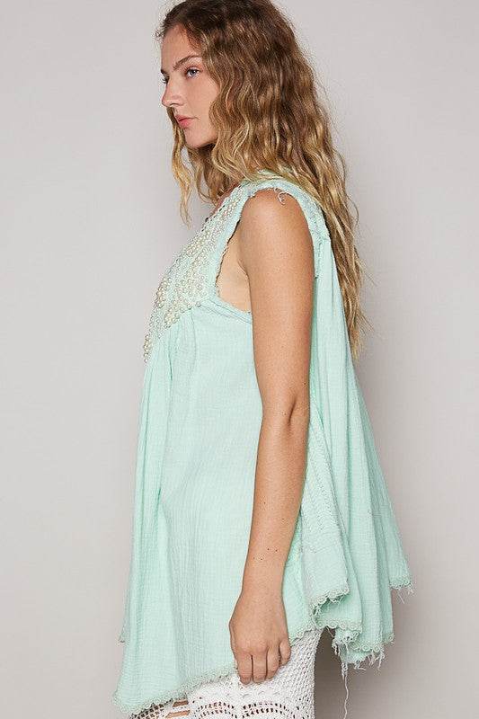 POL Embroidered Pearls Open Front Sleeveless Cardigan - Amexza