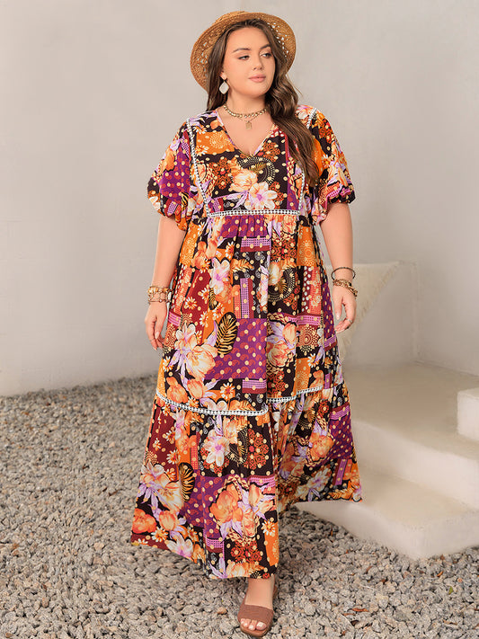 Plus Size Printed V-Neck Half Sleeve Maxi Dress - Multicolor / 0XL