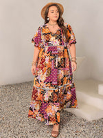 Plus Size Printed V-Neck Half Sleeve Maxi Dress - Amexza