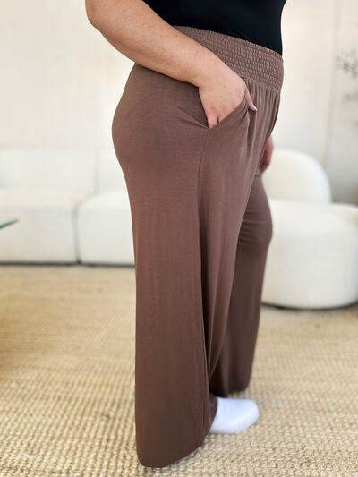 Basic Bae Full Size Smocked Wide Waistband Wide Leg Pants for a perfect OOTD – dress to impress outfits from Amexza