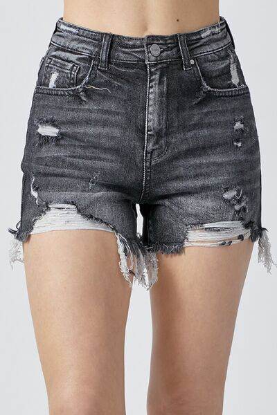 RISEN Full Size High Rise Distressed Denim Shorts Black for a perfect OOTD – dress to impress outfits from Amexza