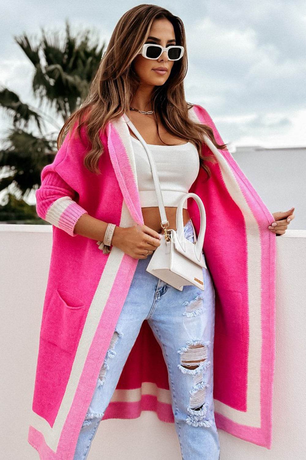 Pocketed Contrast Long Sleeve Hooded Cardigan Hot Pink One Size for a perfect OOTD – dress to impress outfits from Amexza