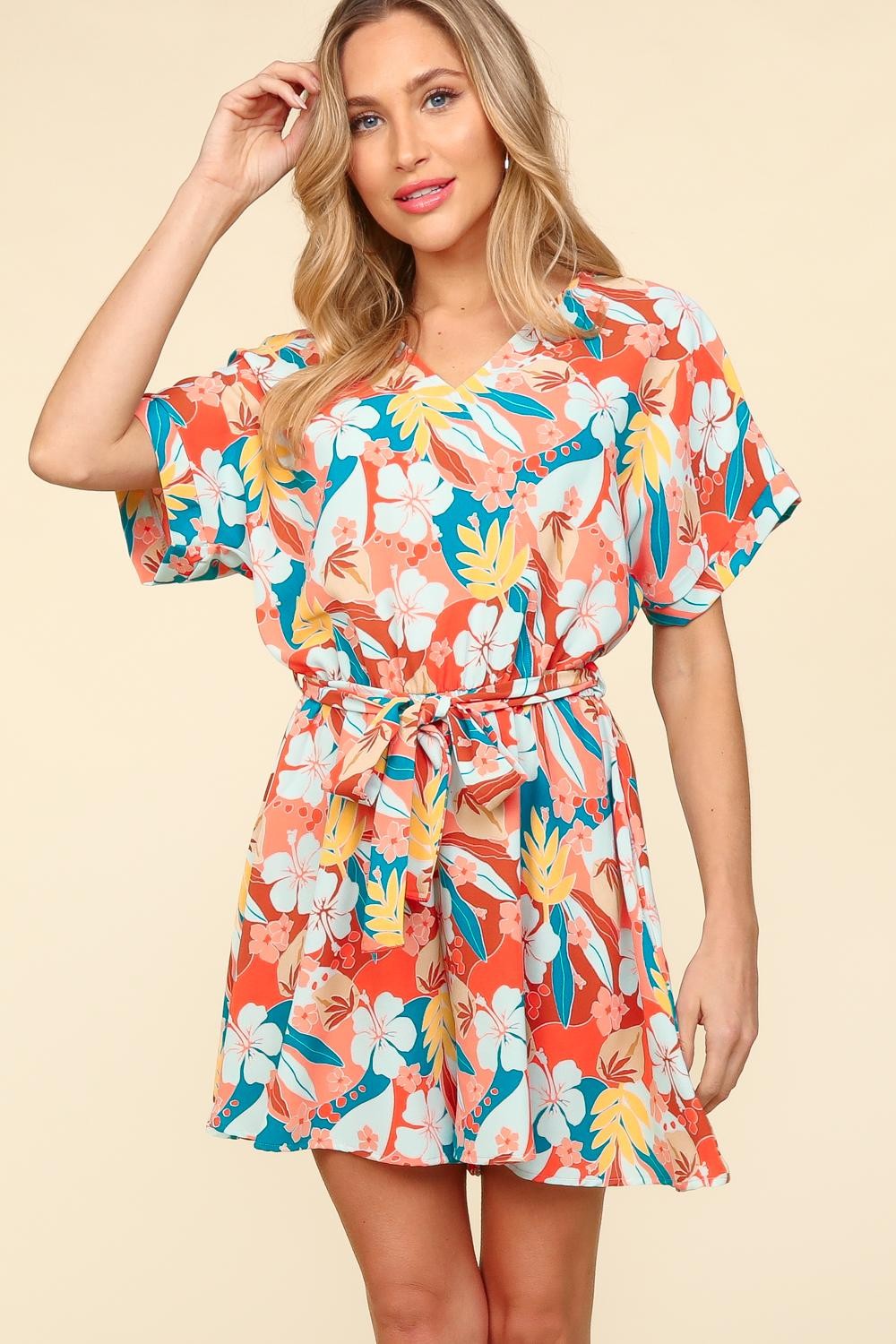 Haptics Tropical Floral Short Sleeve Tied Romper for a perfect OOTD – dress to impress outfits from Amexza