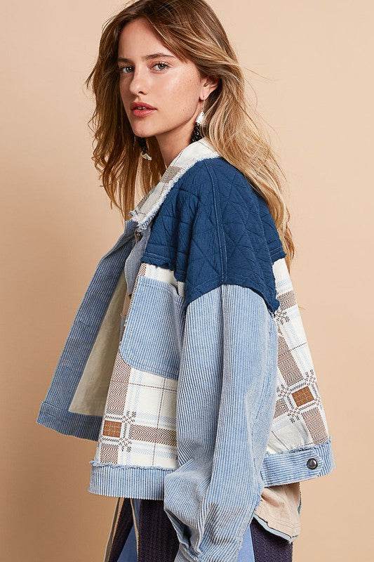 POL Corduroy Jacquard Patchwork Button Up Jacket for a perfect OOTD – dress to impress outfits from Amexza