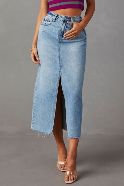 Slit Raw Hem Midi Denim Skirt for a perfect OOTD – dress to impress outfits from Amexza