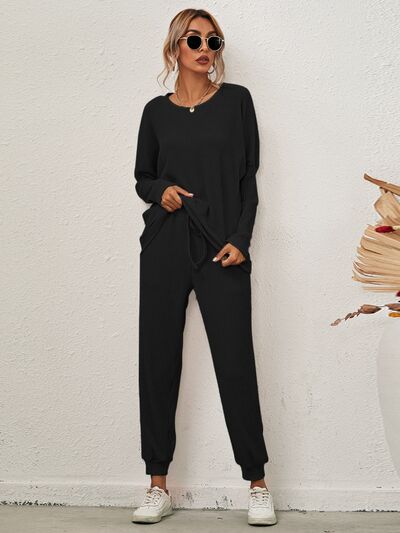 Full Size Round Neck Dropped Shoulder Top and Joggers Lounge Set Black for a perfect OOTD – dress to impress outfits from Amexza