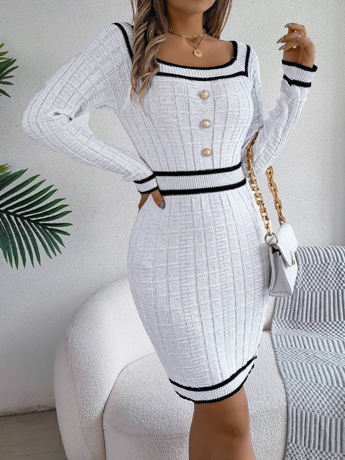 Contrast Trim Long Sleeve Sweater Dress for a perfect OOTD – dress to impress outfits from Amexza