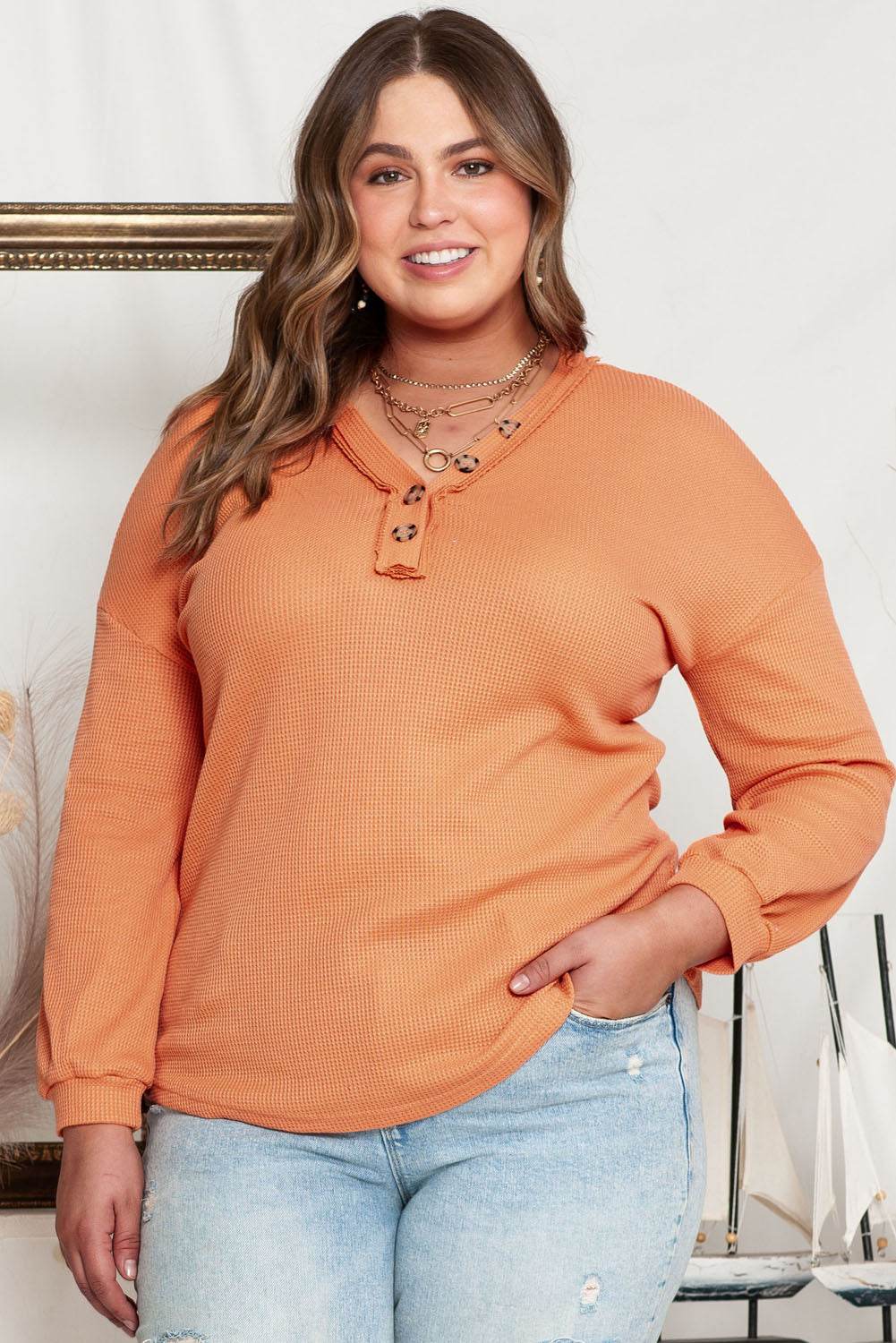 Plus Size V-Neck Dropped Shoulder Top Tangerine for a perfect OOTD – dress to impress outfits from Amexza