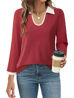 Contrast Collared Neck Long Sleeve Top - Amexza