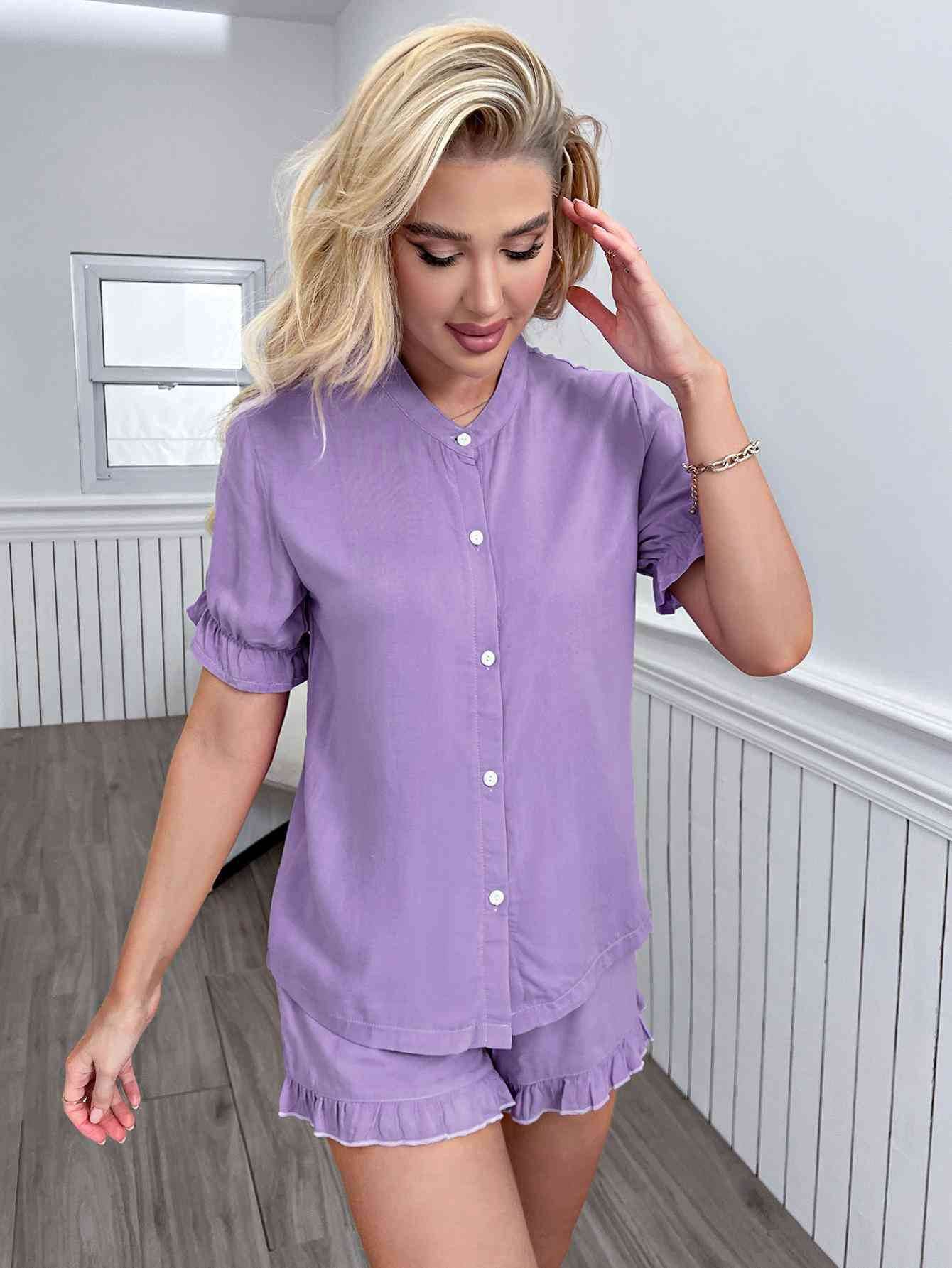 Flounce Sleeve Shirt and Frill Trim Shorts Lounge Set for a perfect OOTD – dress to impress outfits from Amexza