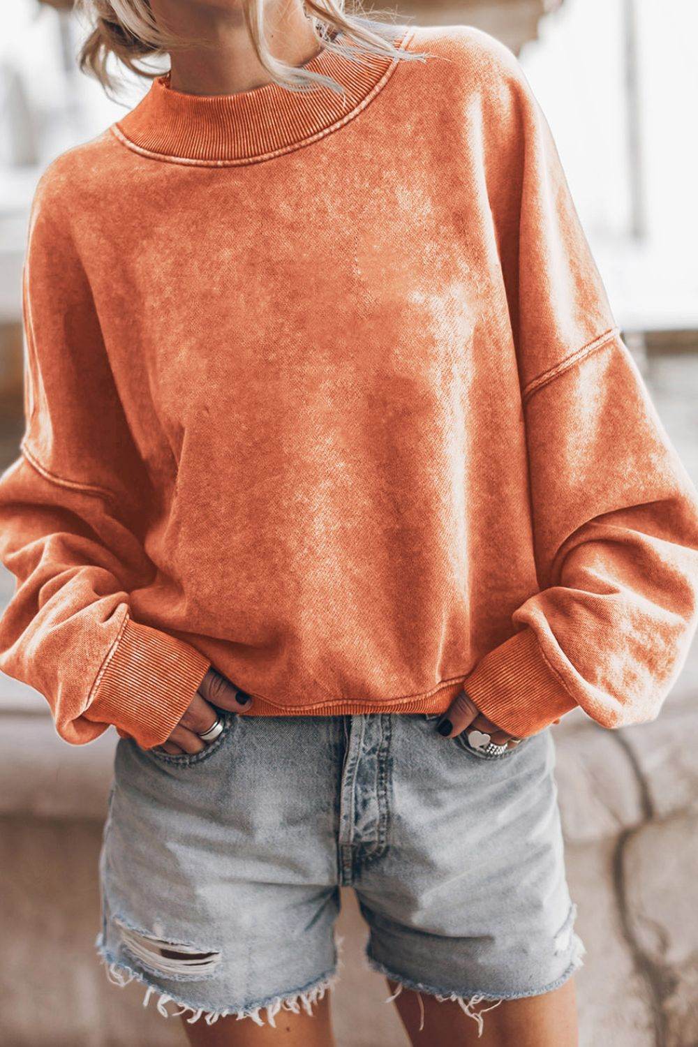 Mock Neck Dropped Shoulder Sweatshirt Sherbet for a perfect OOTD – dress to impress outfits from Amexza