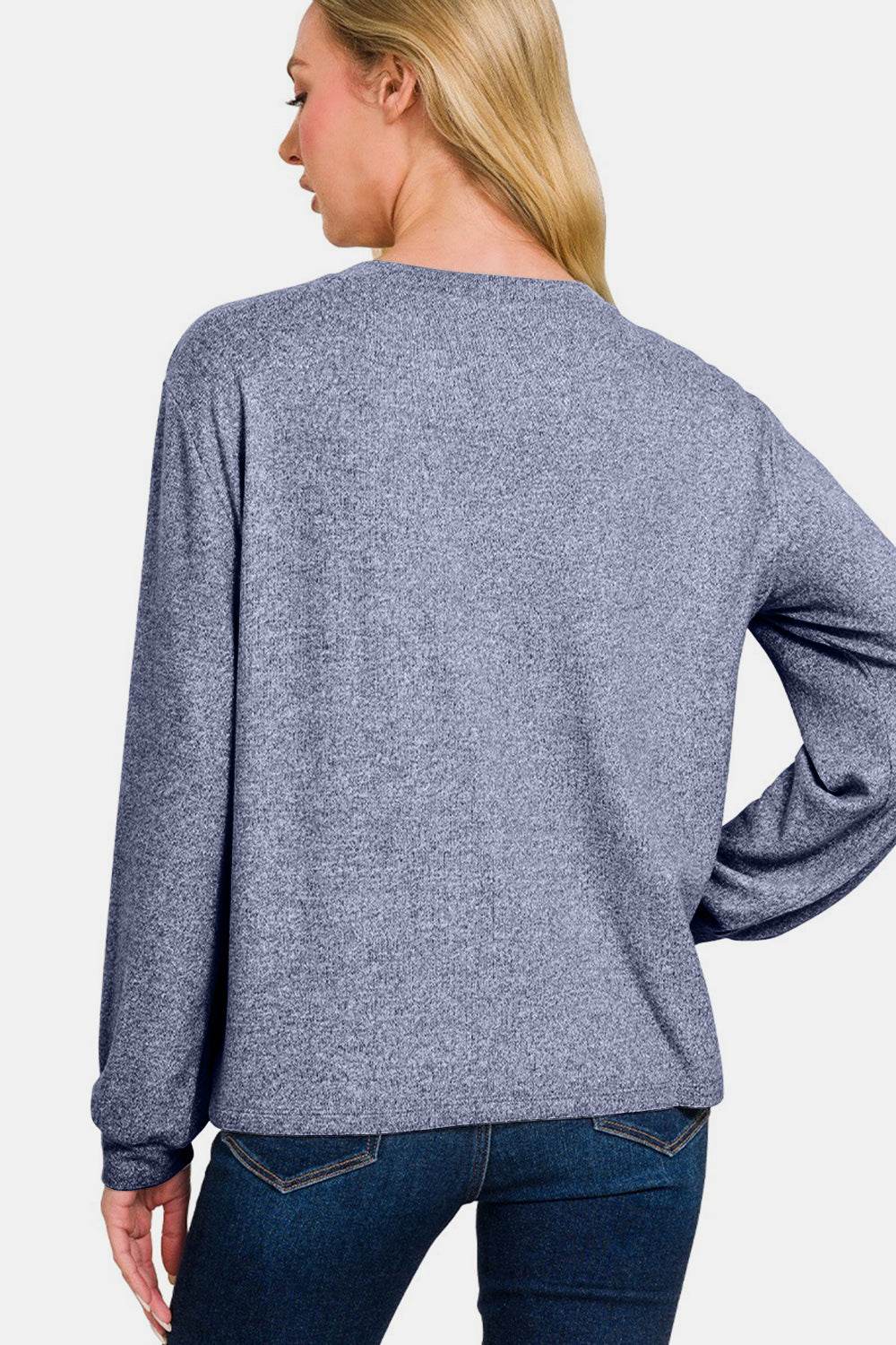 Zenana Hacci Round Neck Long Sleeve T-Shirt for a perfect OOTD – dress to impress outfits from Amexza