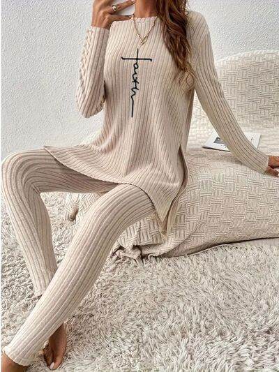 Side Slit Round Neck Long Sleeve Top and Pants Set Dust Storm for a perfect OOTD – dress to impress outfits from Amexza