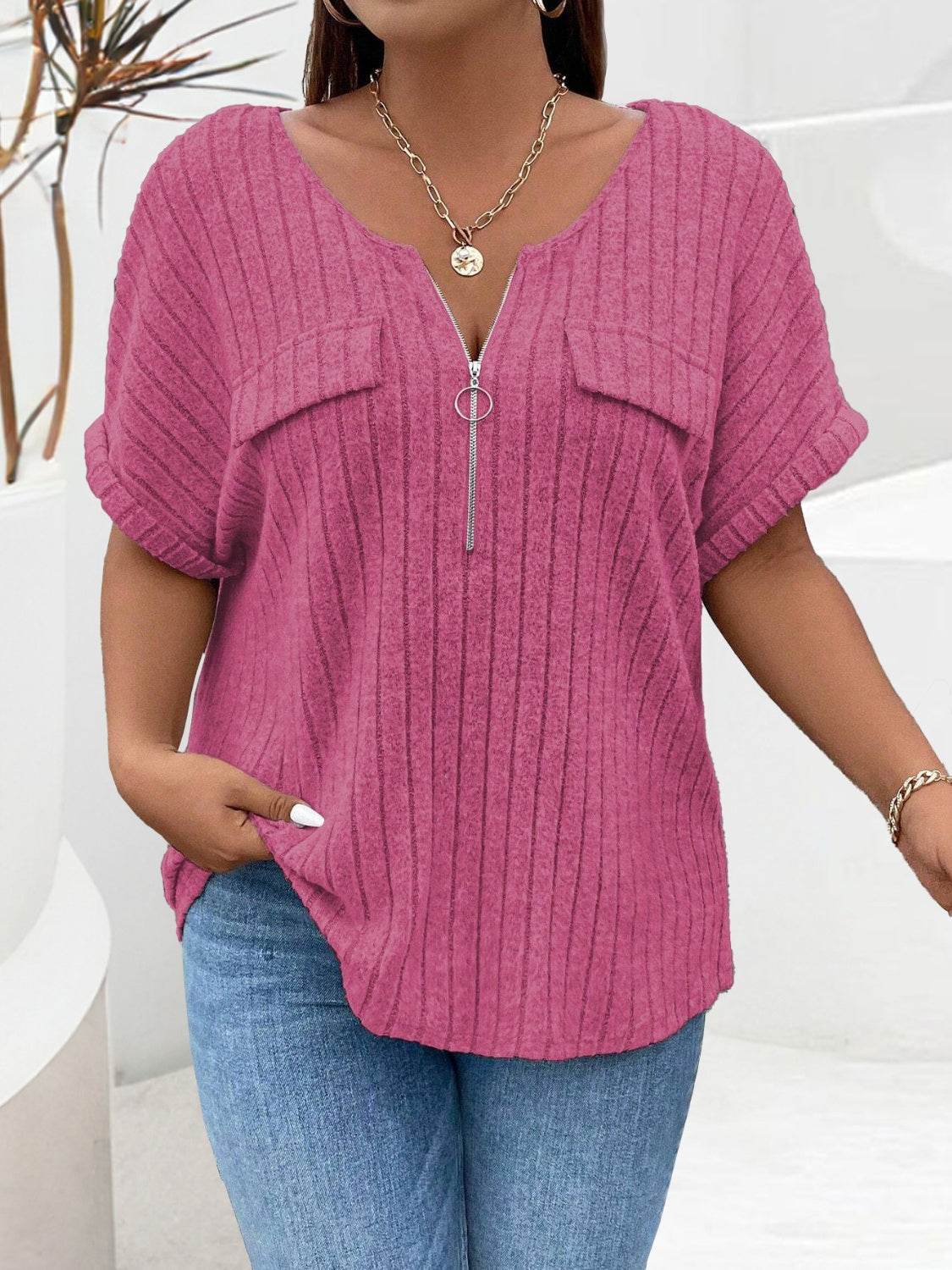 Plus Size Half Zip Short Sleeve T-Shirt Cerise for a perfect OOTD – dress to impress outfits from Amexza