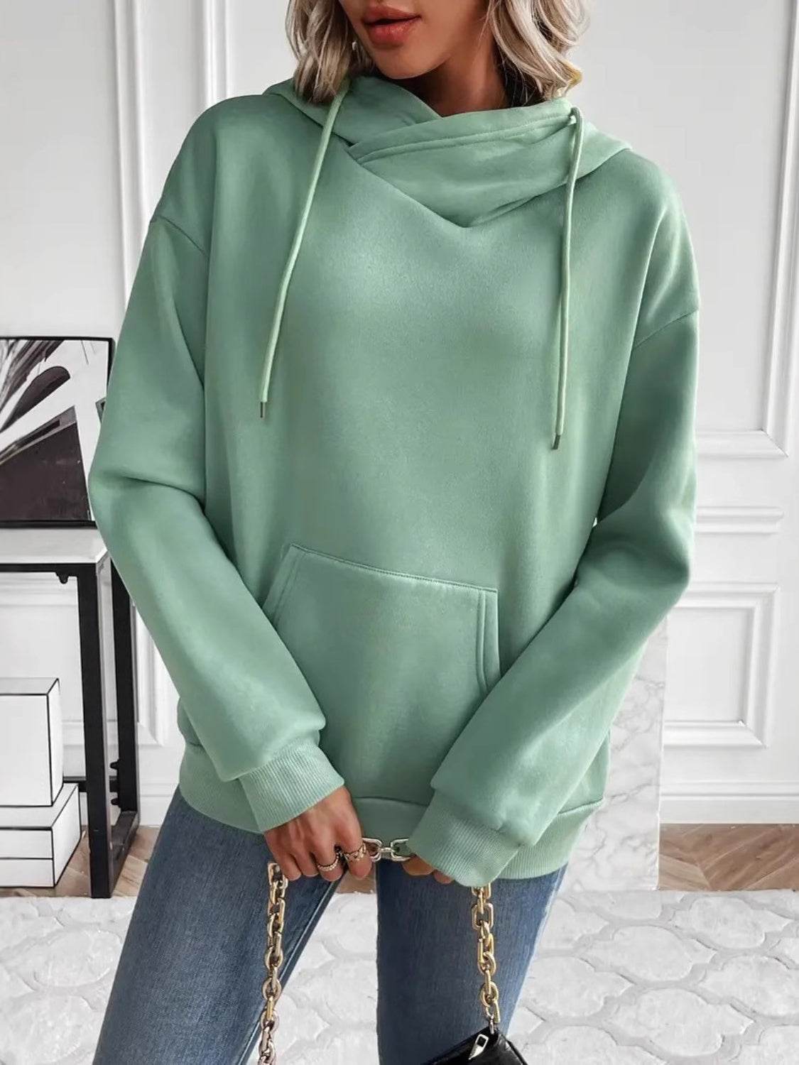 Drawstring Long Sleeve Hoodie with Kangaroo Pocket Green for a perfect OOTD – dress to impress outfits from Amexza