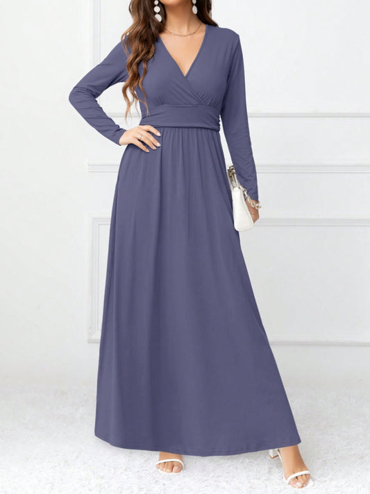 Pocketed Surplice Long Sleeve Maxi Dress - Dusty Blue / S