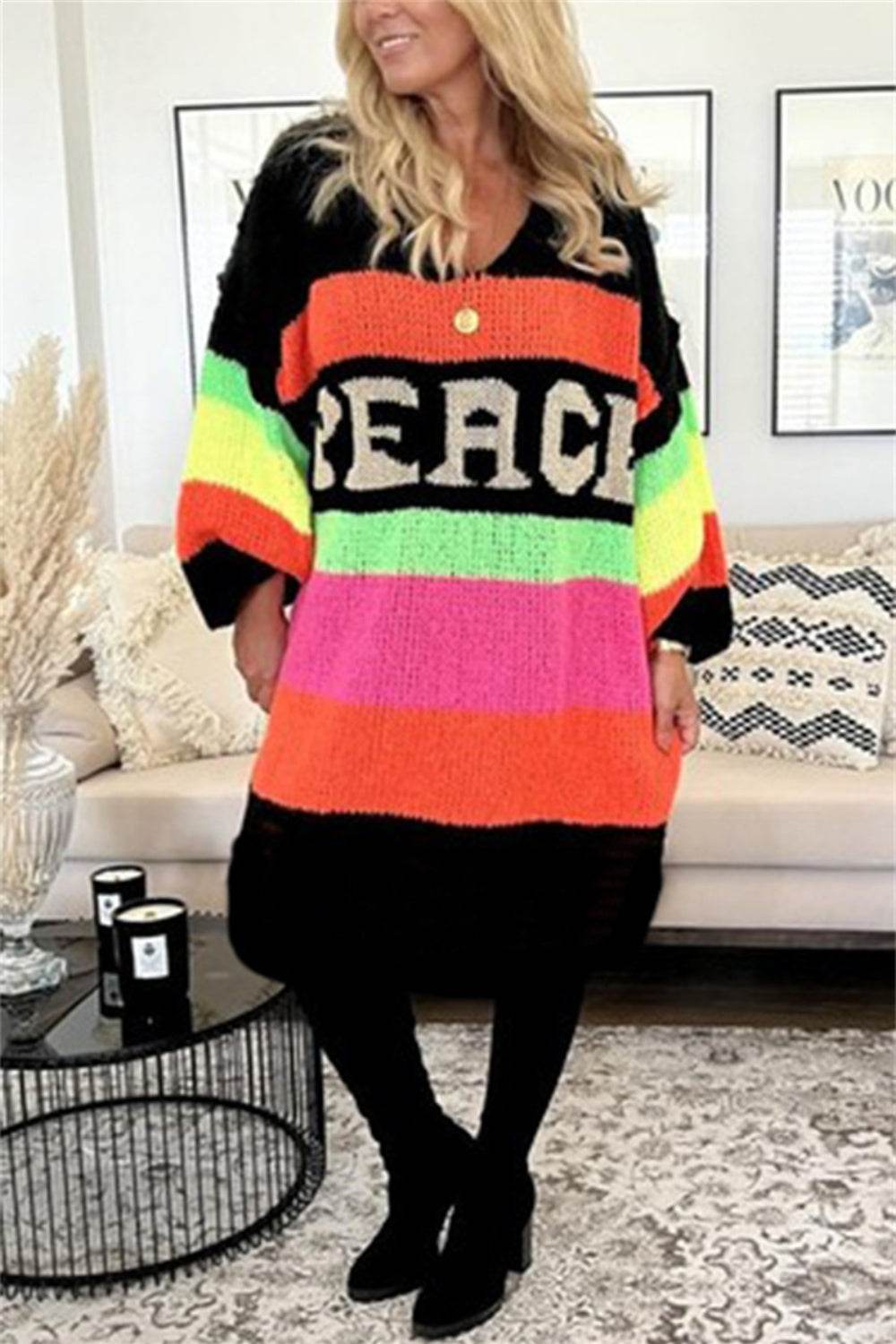 Color Block V-Neck Long Sleeve Sweater Dress for a perfect OOTD – dress to impress outfits from Amexza