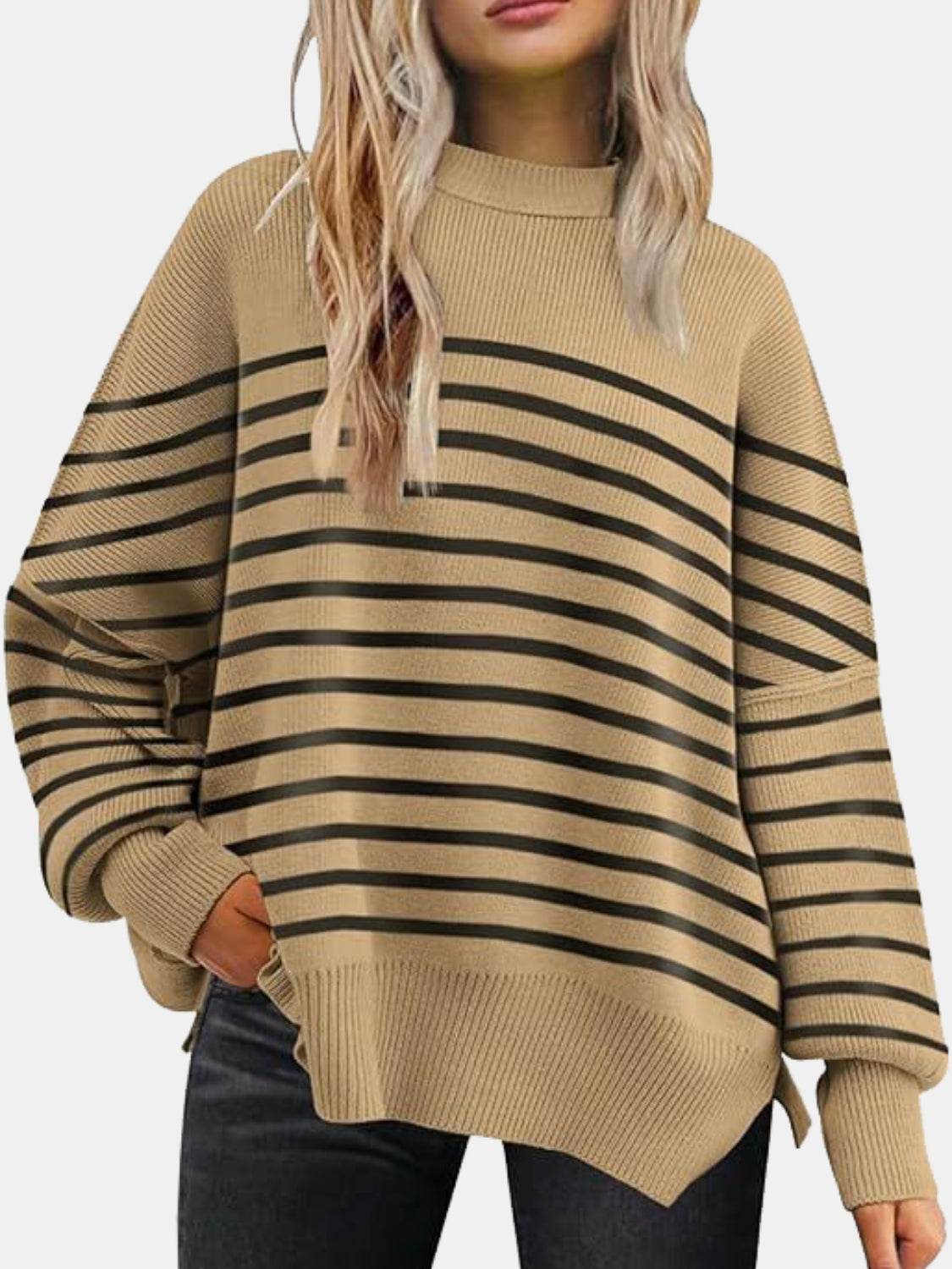 Round Neck Drop Shoulder Slit Sweater Camel for a perfect OOTD – dress to impress outfits from Amexza