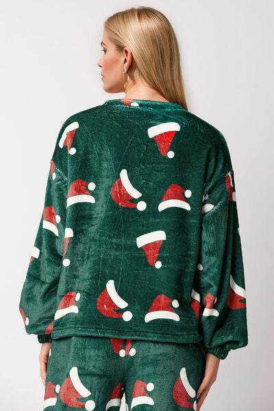 Christmas Hat Pattern Round Neck Long Sleeve Top and Pants Set for a perfect OOTD – dress to impress outfits from Amexza