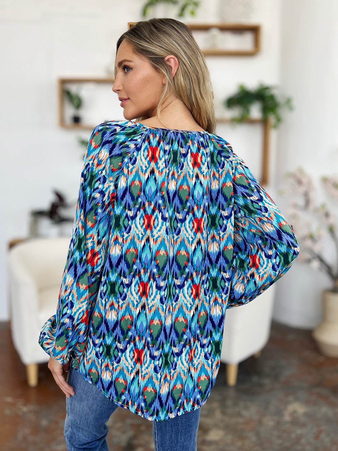 Double Take Full Size Printed Balloon Sleeve Blouse for a perfect OOTD – dress to impress outfits from Amexza