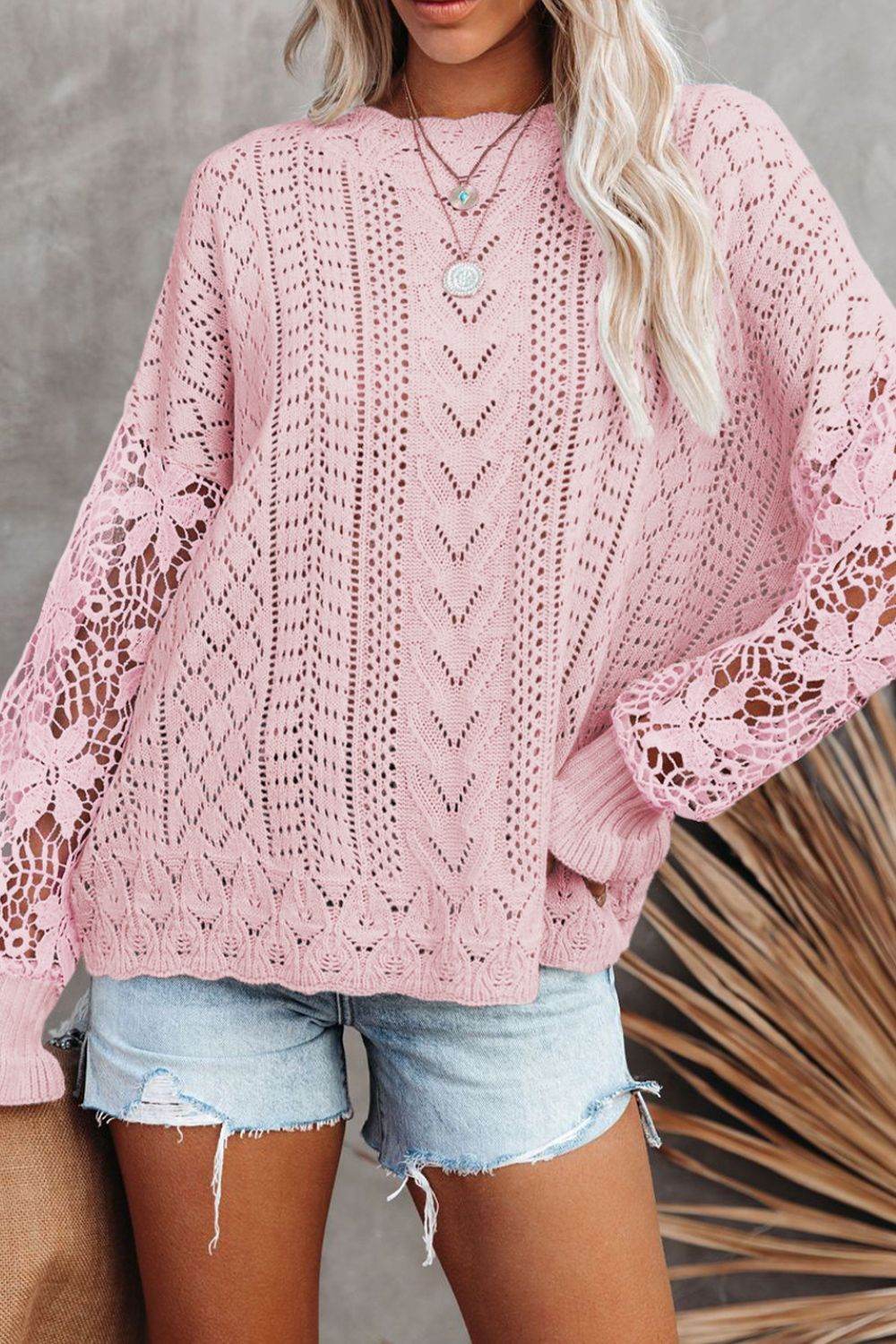 Openwork Round Neck Long Sleeve Sweater Blush Pink for a perfect OOTD – dress to impress outfits from Amexza