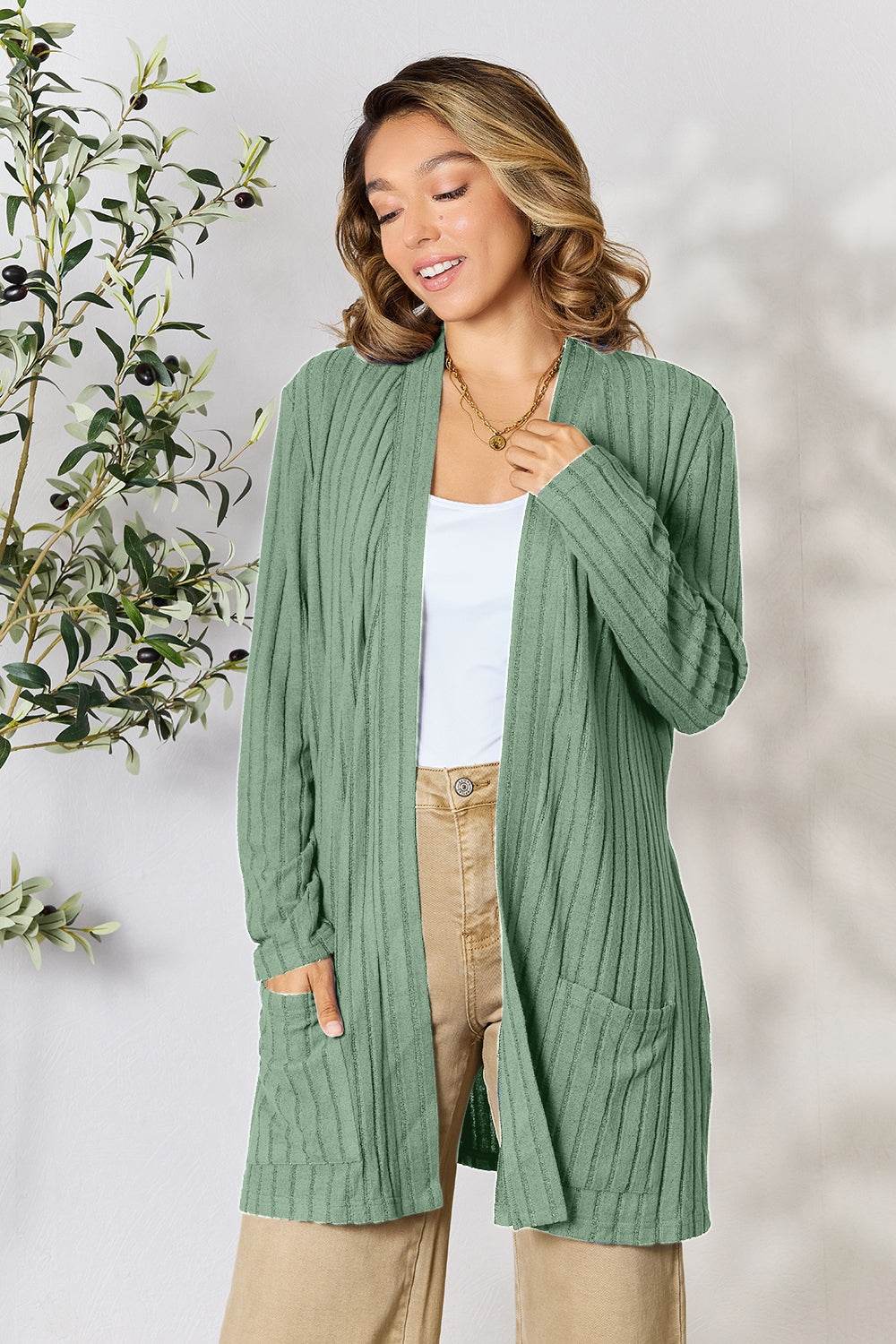 Basic Bae Full Size Ribbed Open Front Cardigan with Pockets for a perfect OOTD – dress to impress outfits from Amexza