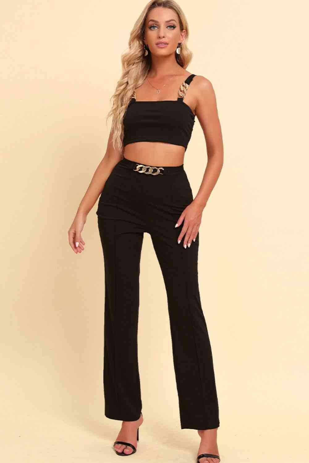 Chain Detail Cropped Cami and Straight Leg Pants Set Black for a perfect OOTD – dress to impress outfits from Amexza