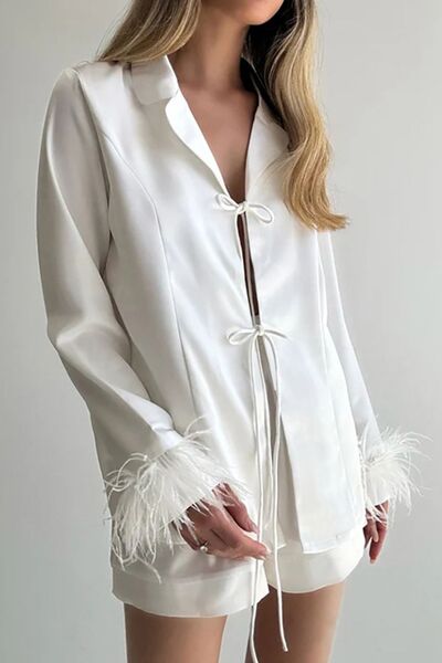 Buttery-Soft Tied Fringe Collared Neck Top and Shorts Set White for a perfect OOTD – dress to impress outfits from Amexza