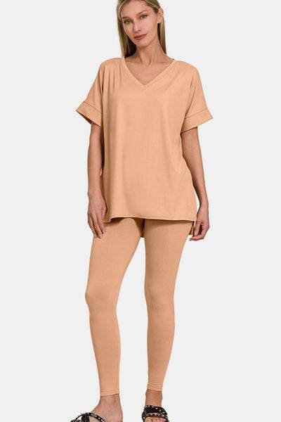 Zenana Full Size V-Neck Rolled Short Sleeve T-Shirt and Leggings Lounge Set for a perfect OOTD – dress to impress outfits from Amexza