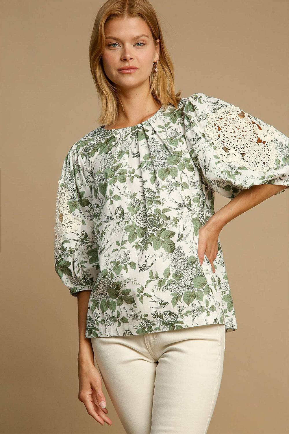 Umgee Floral Pleated Detail Lace Trim Sleeve Blouse Sage for a perfect OOTD – dress to impress outfits from Amexza