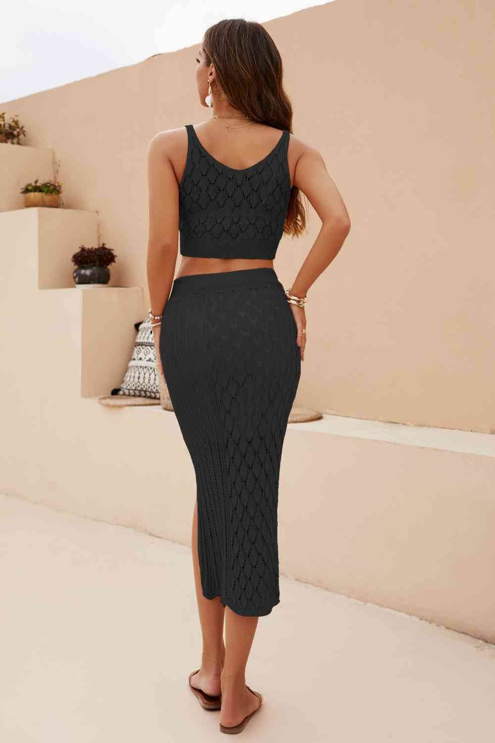 Openwork Cropped Tank and Split Skirt Set - Amexza