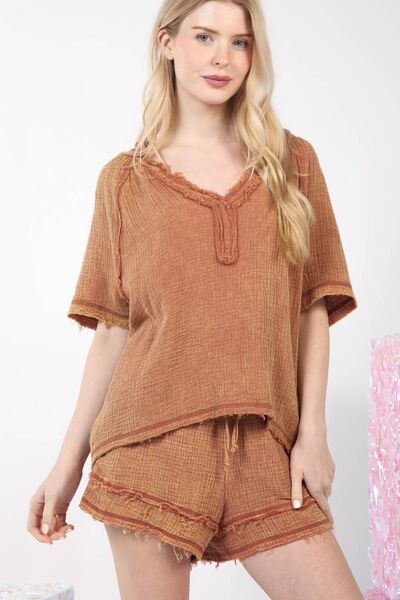 VERY J Washed Cotton Crinkle Gauze Top and Shorts Set Mocha for a perfect OOTD – dress to impress outfits from Amexza