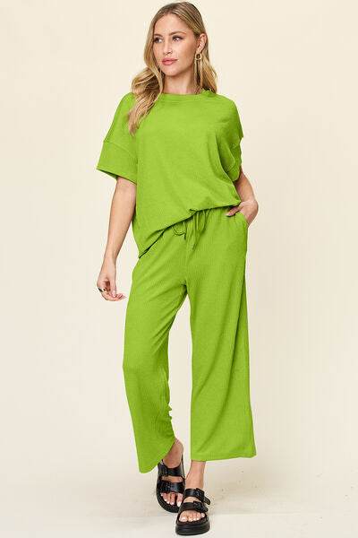 Double Take Full Size Texture Round Neck Short Sleeve T-Shirt and Wide Leg Pants Lime for a perfect OOTD – dress to impress outfits from Amexza