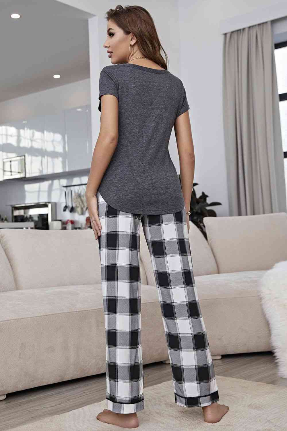 Curved Hem Short Sleeve Top and Plaid Pants Lounge Set for a perfect OOTD – dress to impress outfits from Amexza