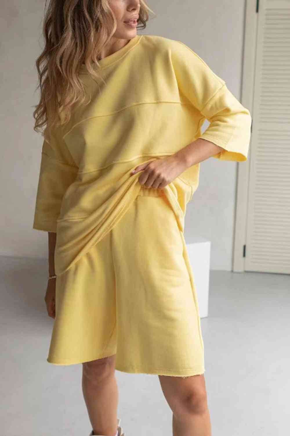 Round Neck Long Sleeve Top and Shorts Set Banana Yellow for a perfect OOTD – dress to impress outfits from Amexza