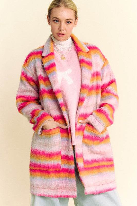 Davi & Dani Contrast Striped Open Front Coat with Pockets Pink Orange for a perfect OOTD – dress to impress outfits from Amexza